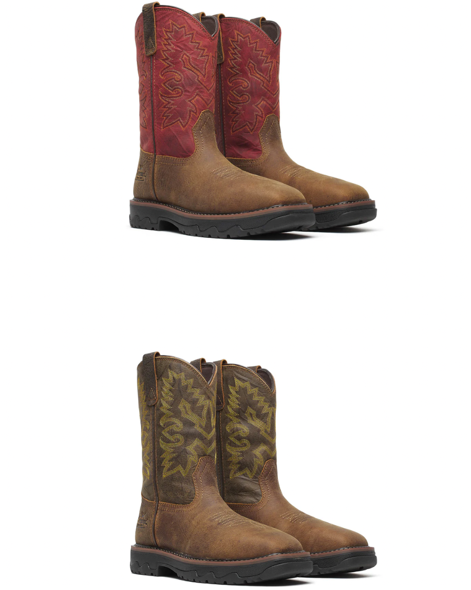 Pair of brown and red work cowboy boots on a white background