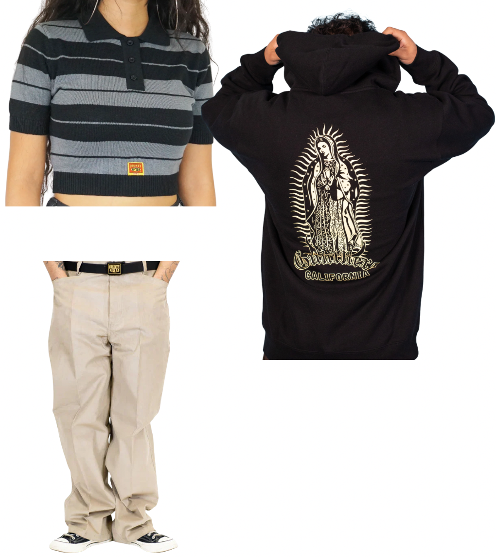 Person wearing a striped shirt and beige pants with a black hoodie featuring a religious design.