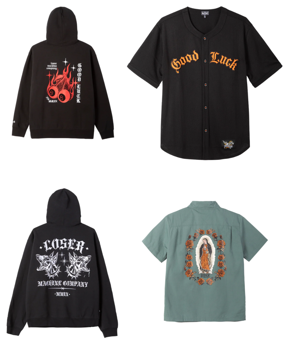 Four clothing items including a black hoodie, black baseball shirt, black jacket, and green shirt with designs on a white background.