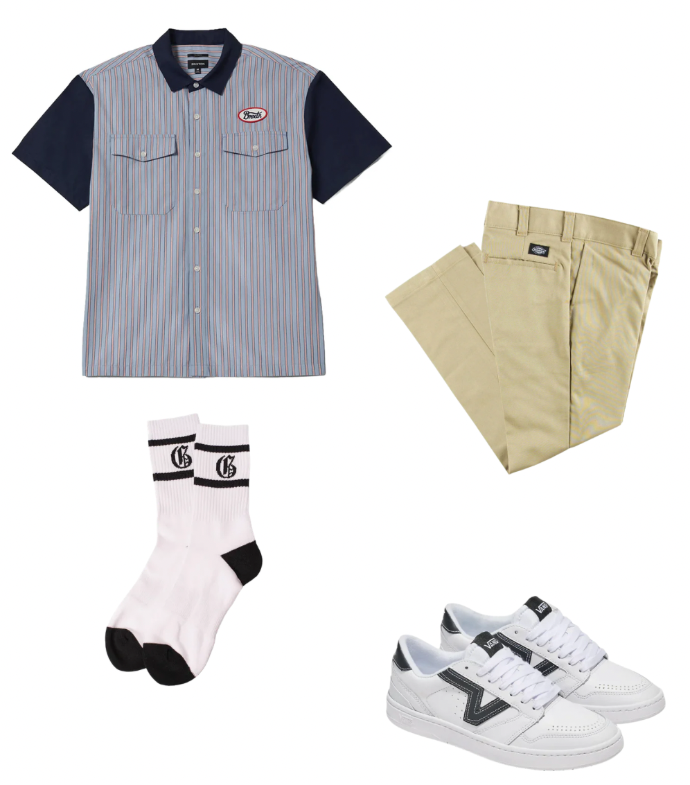 Collage of a shirt, shorts, socks, and sneakers on a white background