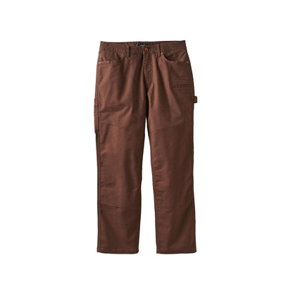 A pair of brown, straight-legged builder's carpenter stretch pants.