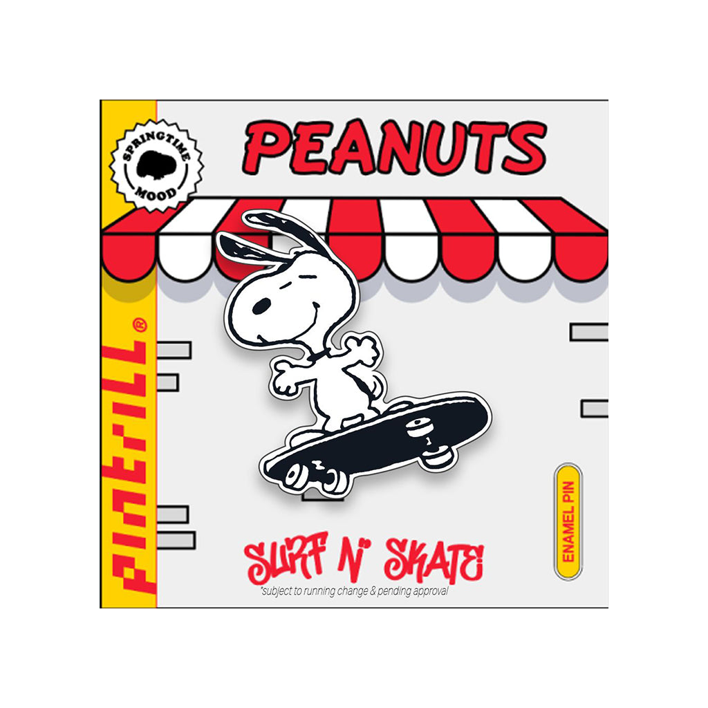 Peanuts enamel pin packaging with Snoopy on a skateboard