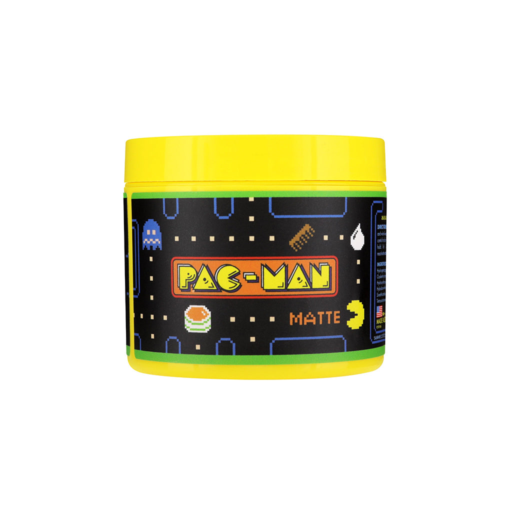 Pac-Man themed container with yellow lid and black label on a white background