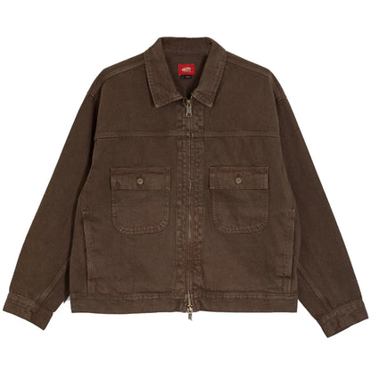 Brown jacket with a collar and two front pockets on a white background