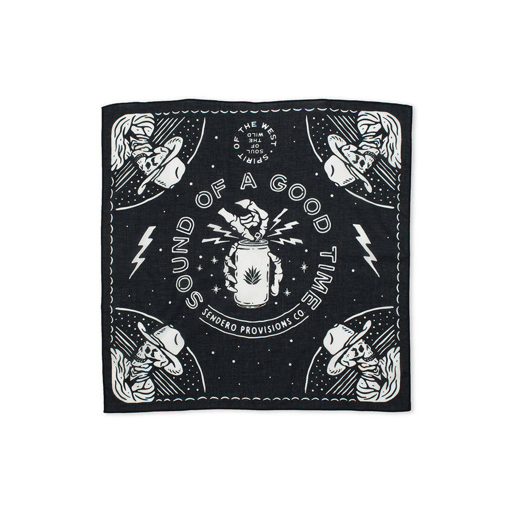 Black bandana with white graphics and text on a white background