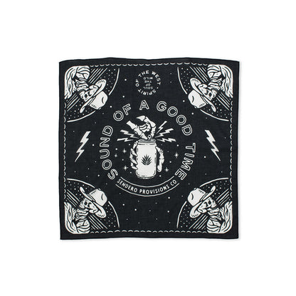 Black bandana with white graphics and text on a white background