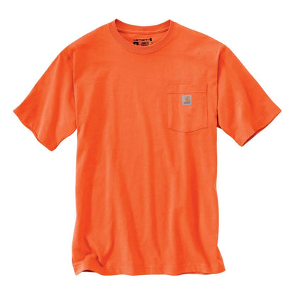 A short-sleeved orange t-shirt with a front pocket and a small brand logo on the chest.