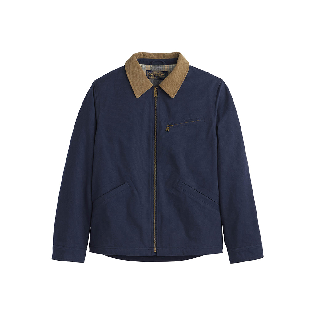 Navy jacket with brown collar on a white background