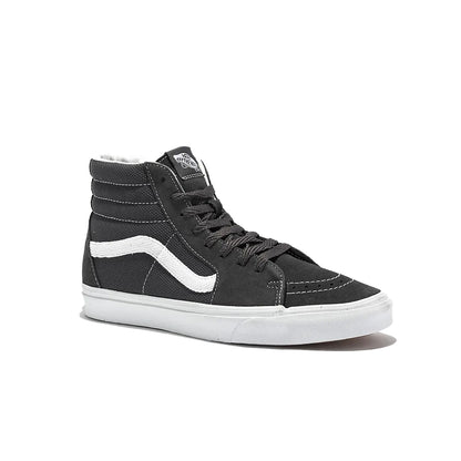 A pair of Vans Sk8-Hi sneakers with a textured asphalt upper and a white leather stripe, featuring a white sole and black laces.