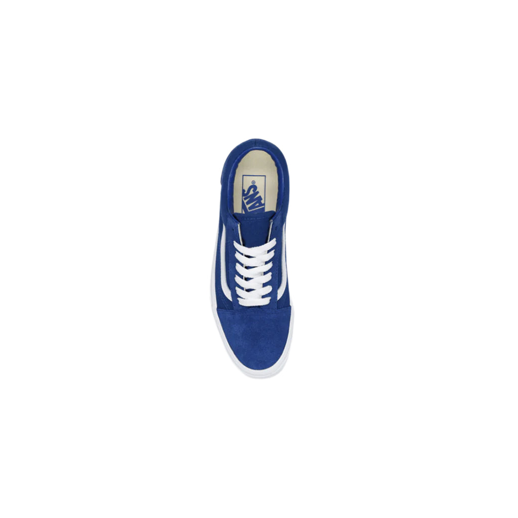 Blue sneaker with white laces on a white background