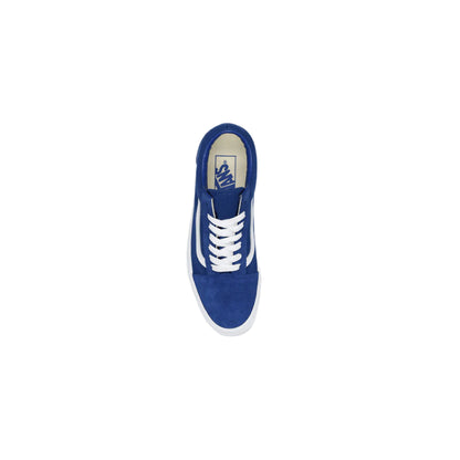 Blue sneaker with white laces on a white background
