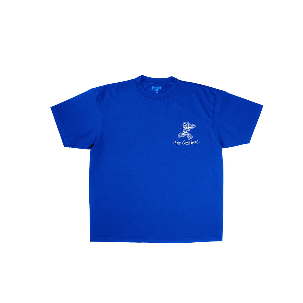 Blue t-shirt with a white graphic on a white background