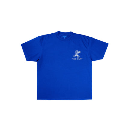 Blue t-shirt with a white graphic on a white background