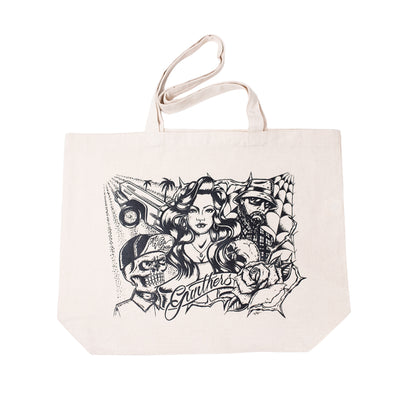 Tote bag with black and white graphic design on a white background