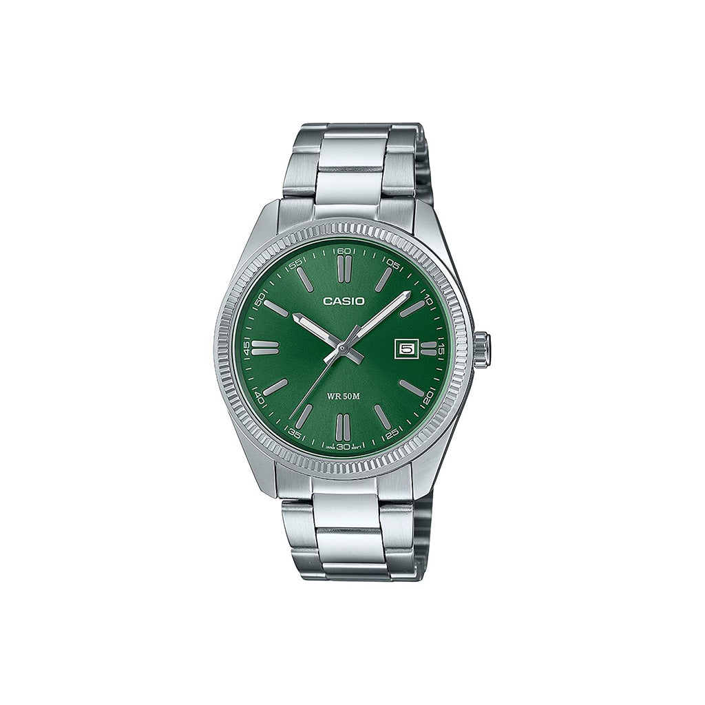 Casio watch with green dial and silver metal bracelet on a white background