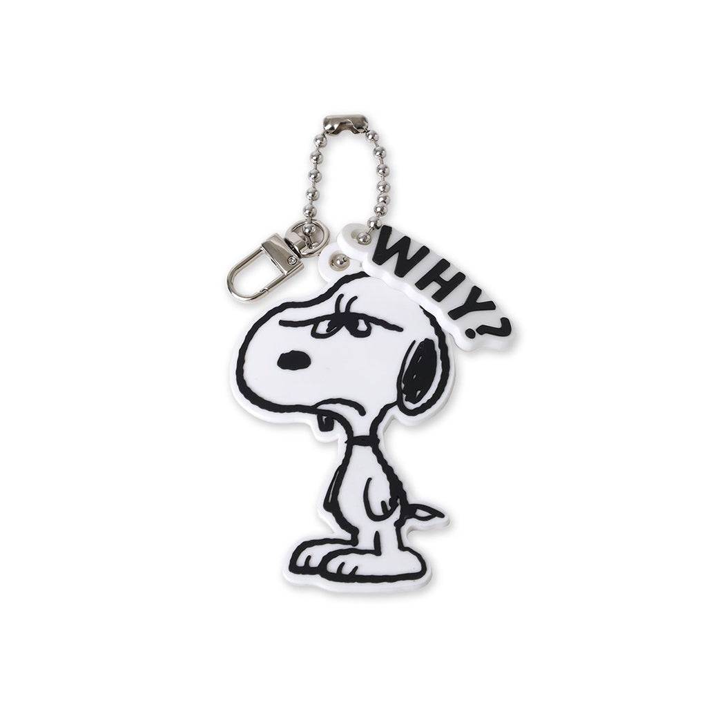Keychain with snoopy and 'WHY?' text on a white background