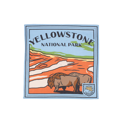 Yellowstone National Park logo with a bison and landscape illustration.