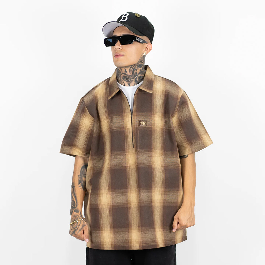 Short Sleeve Checker Zip Shirt Brown/Tan