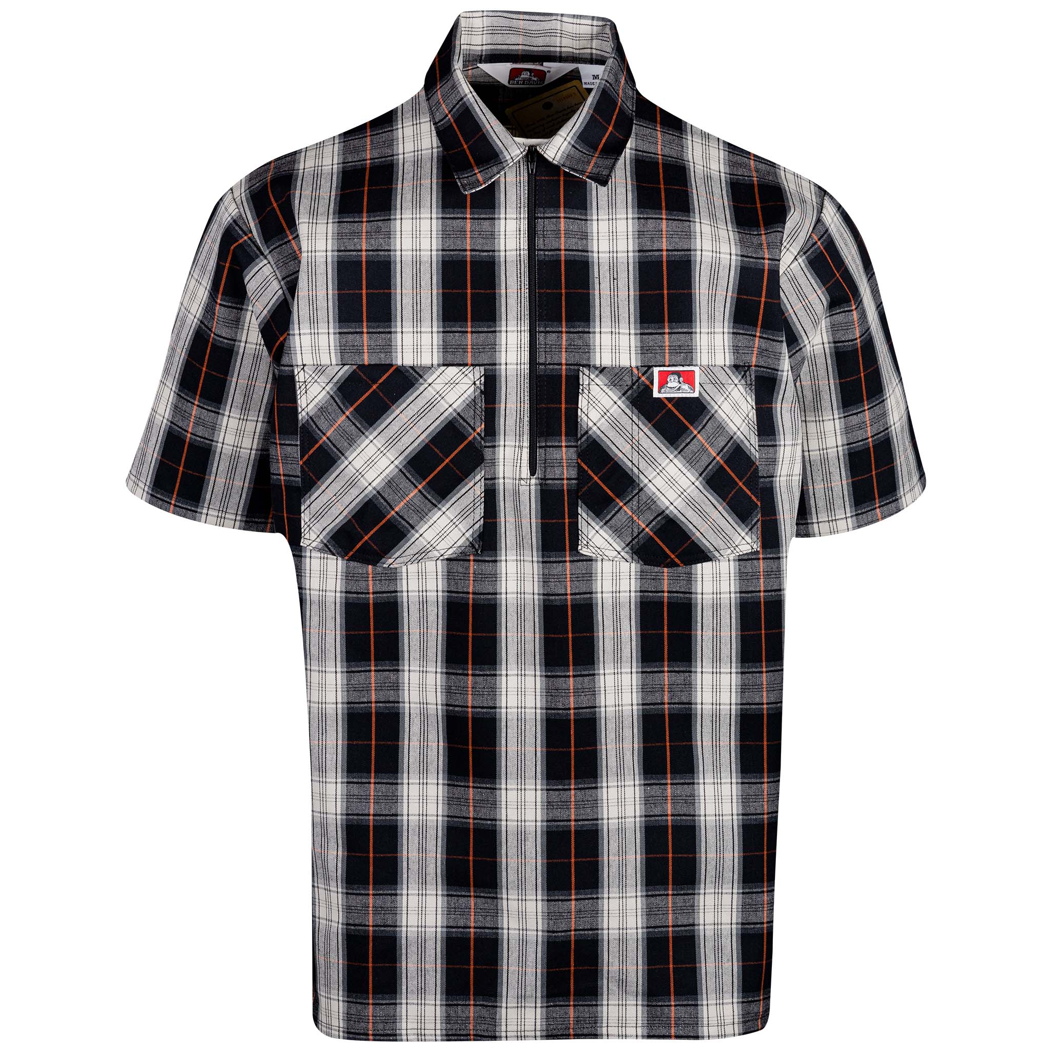 Half Zip Short Sleeve Black & Cream Plaid Front