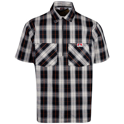 Half Zip Short Sleeve Black & Cream Plaid Front