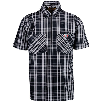 Half Zip Short Sleeve Black & White Plaid Front