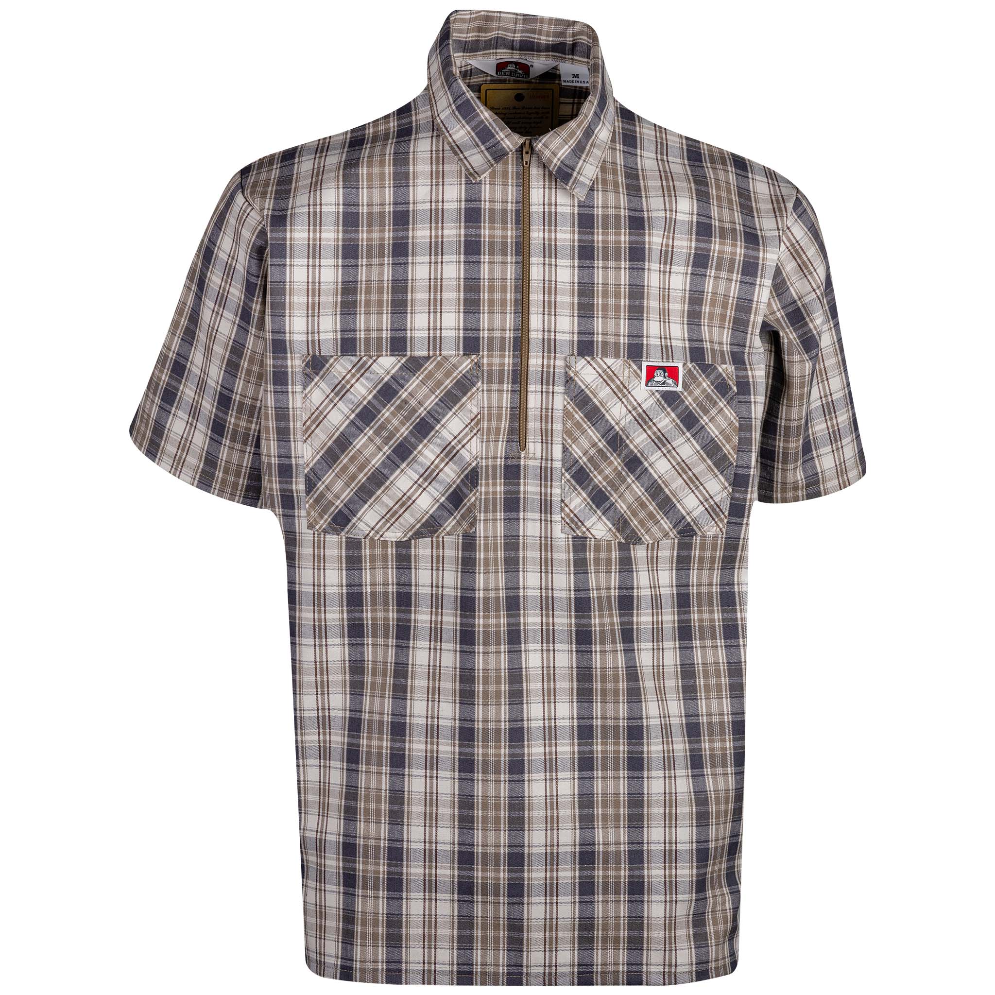Half Zip Short Sleeve Khaki & Grey Plaid Front