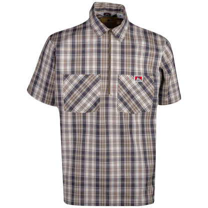 Half Zip Short Sleeve Khaki & Grey Plaid Front