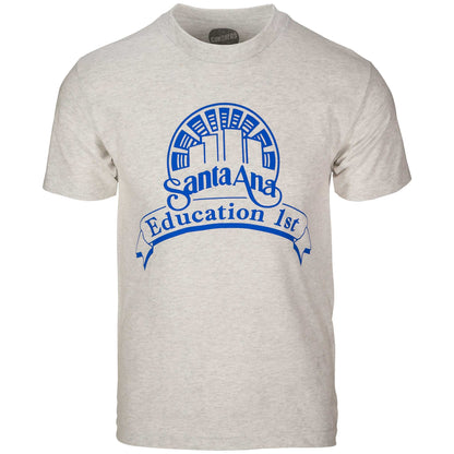 A gray crew neck t-shirt with the text 'Santa Ana Education 1st' printed in blue.
